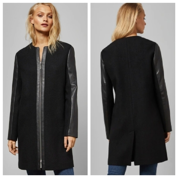 TED BAKER Vipper Black Faux Leather Sleeve Wool Zipper Coat Jacket - Picture 1 of 10